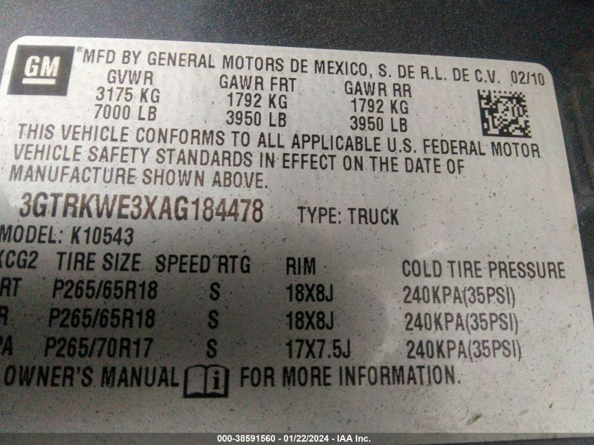 3GTRKWE3XAG184478 | 2010 GMC SIERRA 1500