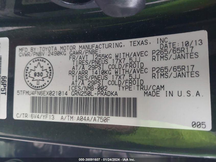 2014 TOYOTA TACOMA BASE V6 - 5TFMU4FN6EX021014