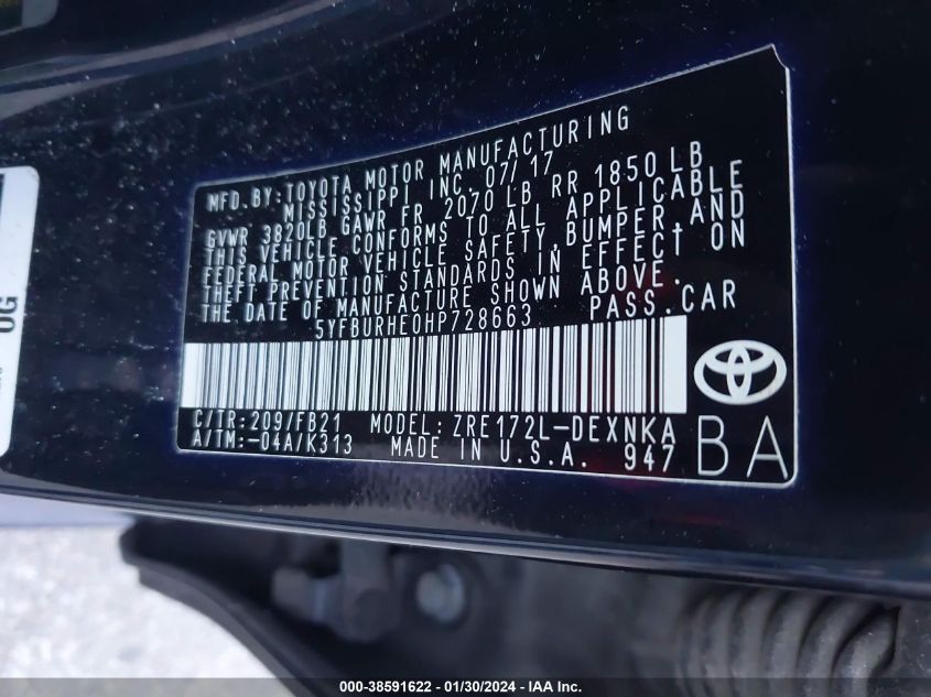 2017 TOYOTA COROLLA LE - 5YFBURHE0HP728663
