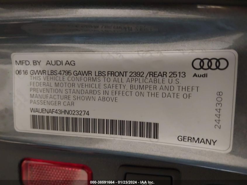 2017 AUDI A4 2.0T PREMIUM - WAUENAF43HN023274