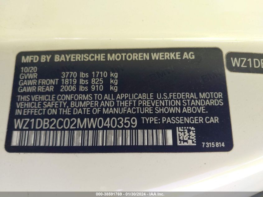 2021 TOYOTA GR SUPRA 2.0 - WZ1DB2C02MW040359