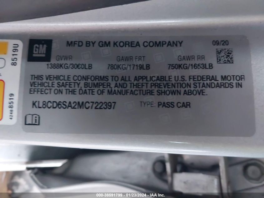 2021 CHEVROLET SPARK 1LT - KL8CD6SA2MC722397