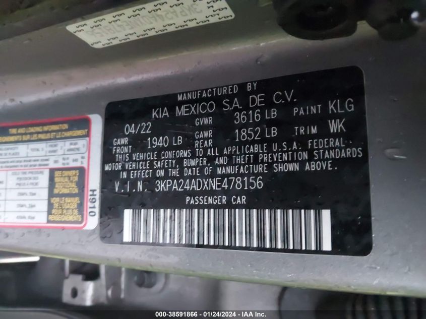 2022 KIA RIO S - 3KPA24ADXNE478156