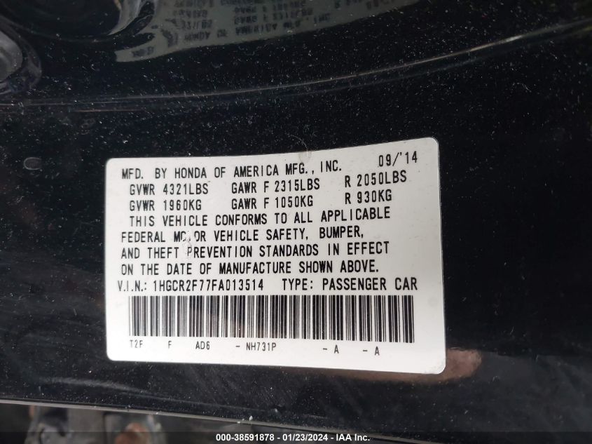 2015 HONDA ACCORD EX - 1HGCR2F77FA013514