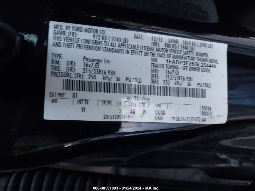 2016 FORD FOCUS SE - 1FADP3F26GL254446