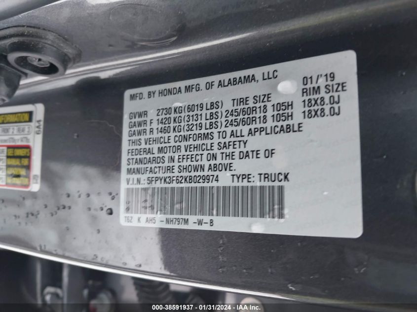 2019 HONDA RIDGELINE RTL-T - 5FPYK3F62KB029974