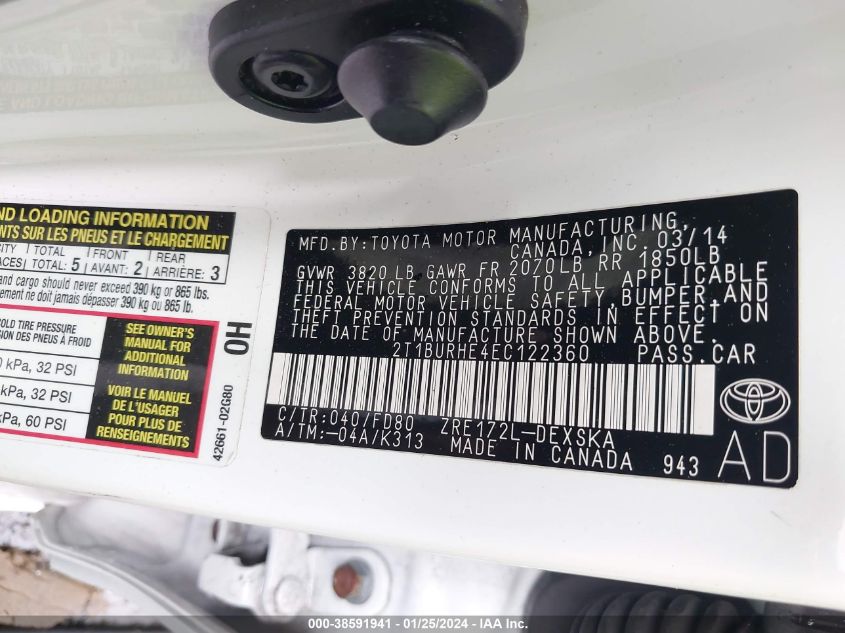 2014 TOYOTA COROLLA L/LE/LE PLS/PRM/S/S PLS - 2T1BURHE4EC122360