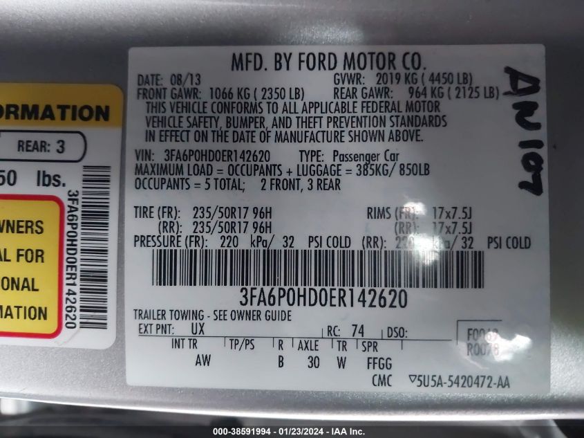 2014 FORD FUSION SE - 3FA6P0HD0ER142620