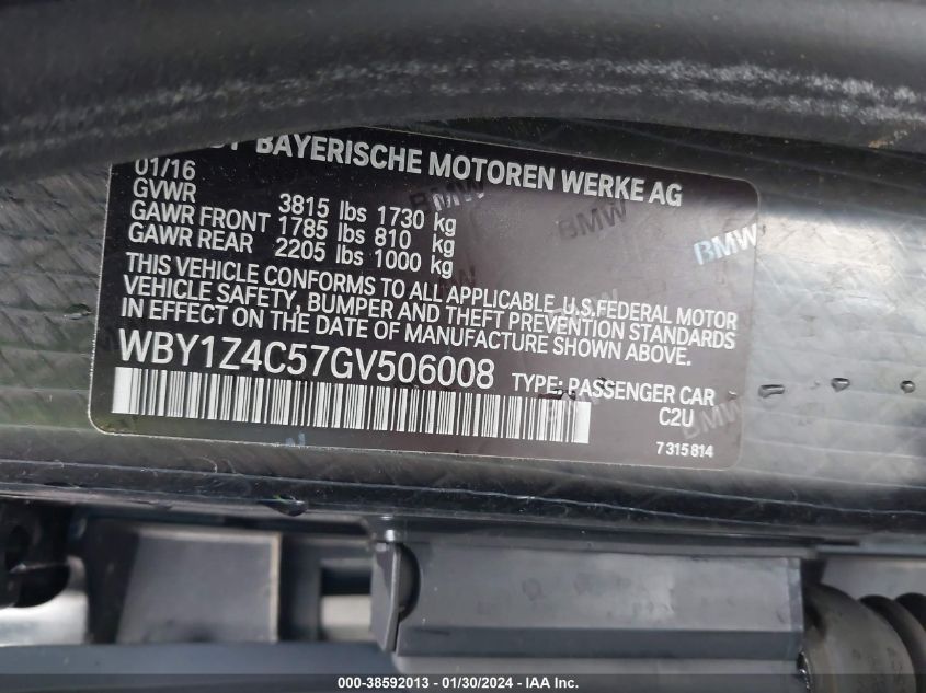 2016 BMW I3 BASE W/RANGE EXTENDER - WBY1Z4C57GV506008