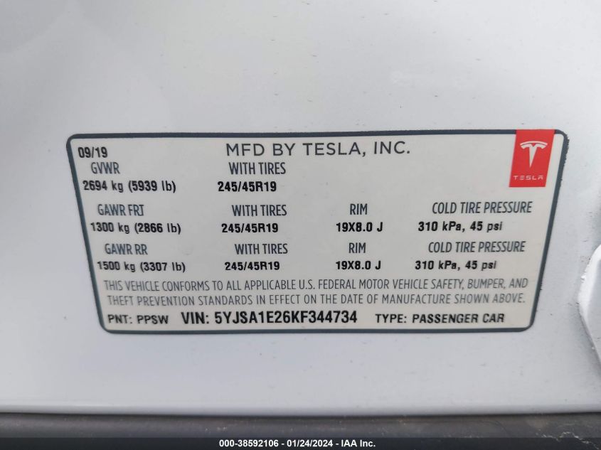 2019 TESLA MODEL S - 5YJSA1E26KF344734