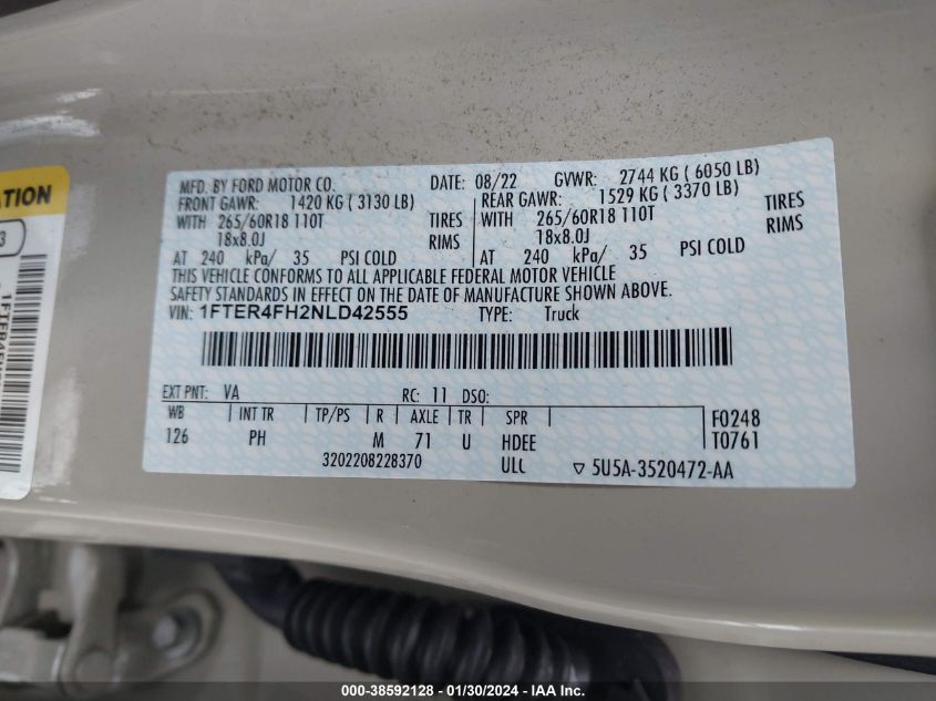 2022 FORD RANGER XL/XLT/LARIAT - 1FTER4FH2NLD42555