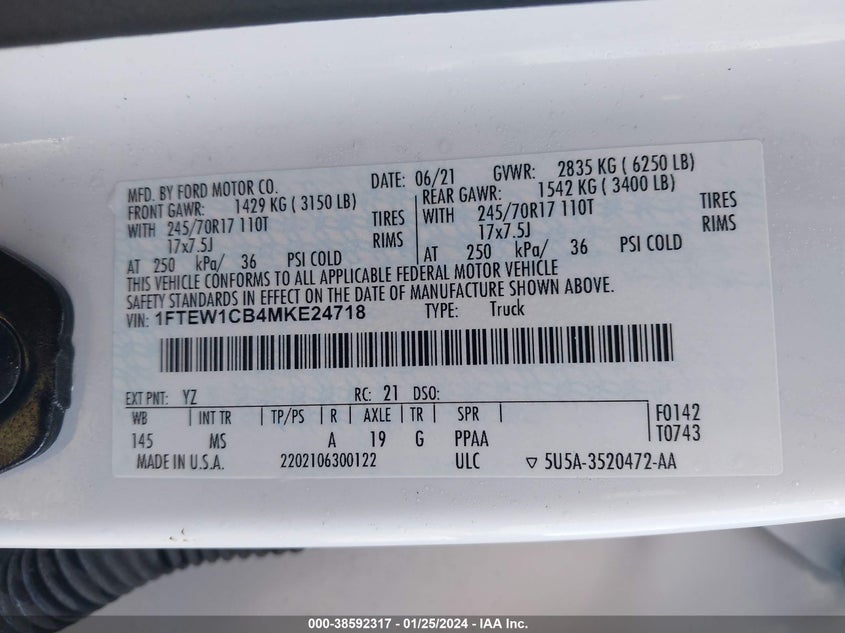 VIN 1FTEW1CB4MKE24718 2021 FORD F-150 XLT