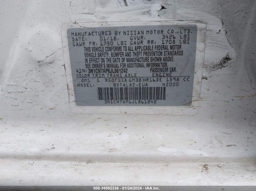 2018 NISSAN VERSA 1.6 S+ - 3N1CN7AP6JL861242