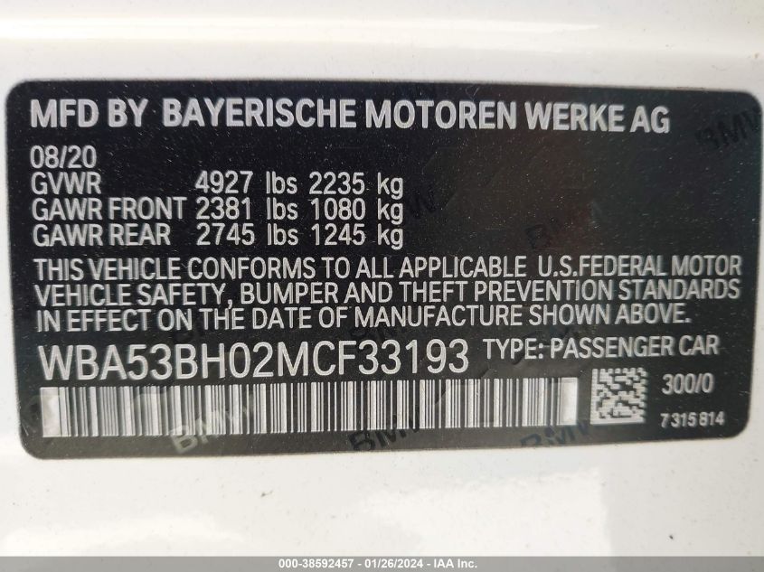 2021 BMW 530I WBA53BH02MCF33193