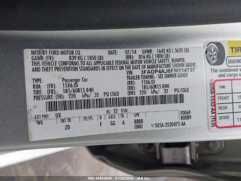 2015 FORD FIESTA S - 3FADP4AJ6FM114737