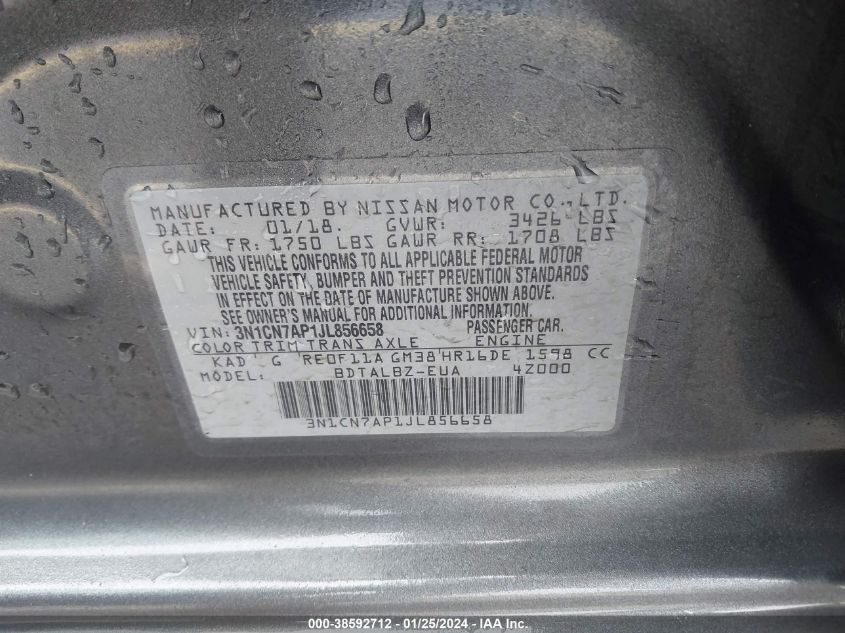 2018 NISSAN VERSA S/S PLUS/SV/SL - 3N1CN7AP1JL856658