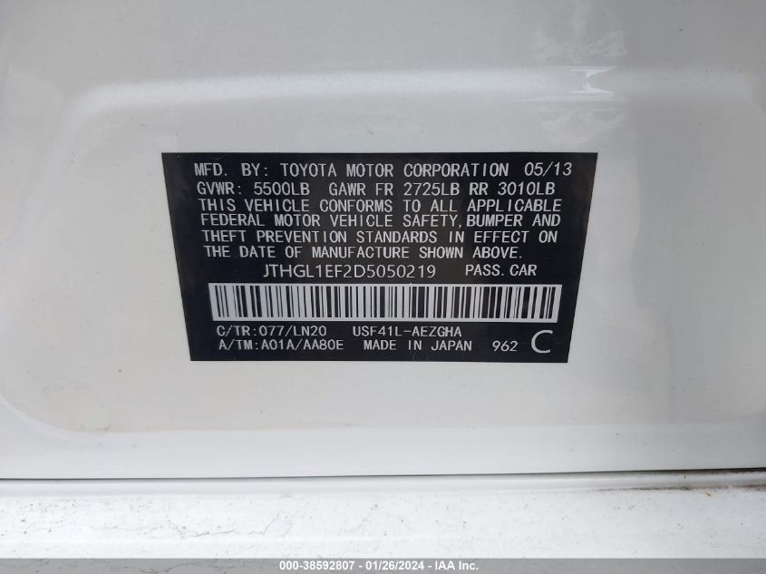 2013 LEXUS LS 460 L - JTHGL1EF2D5050219