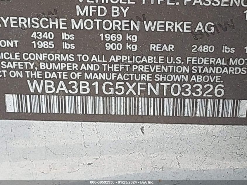 2015 BMW 320I - WBA3B1G5XFNT03326