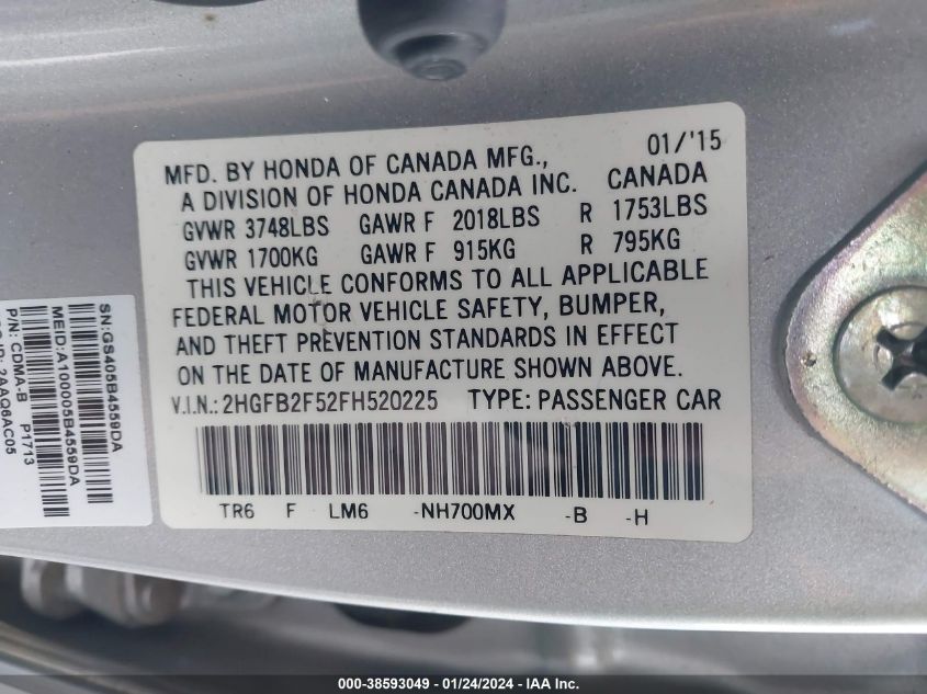 2015 HONDA CIVIC LX - 2HGFB2F52FH520225