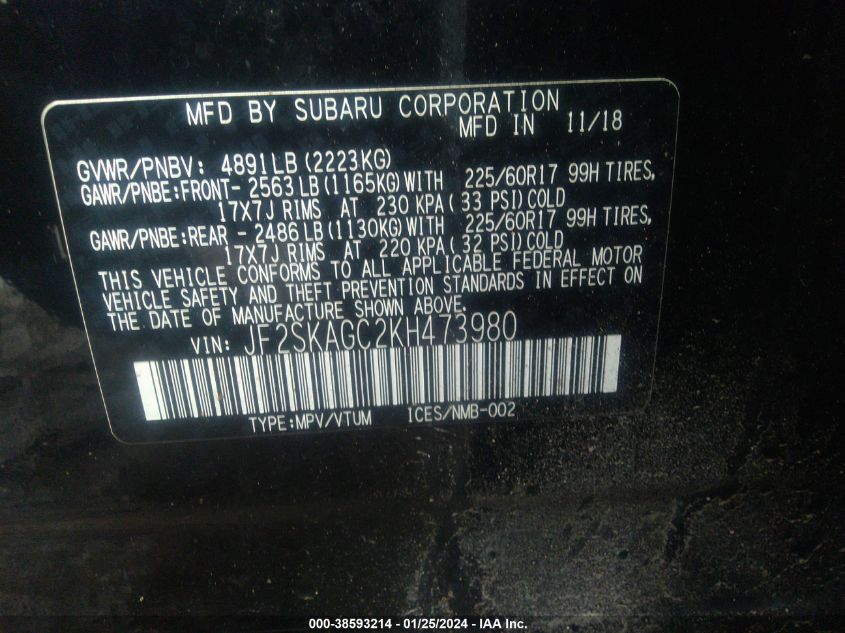 2019 SUBARU FORESTER PREMIUM - JF2SKAGC2KH473980