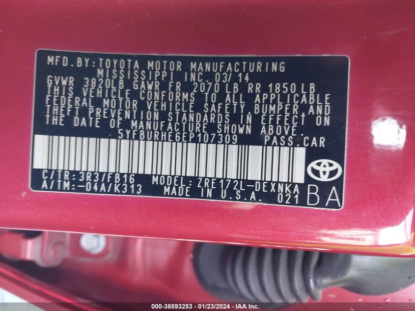 2014 TOYOTA COROLLA LE PLUS - 5YFBURHE6EP107309
