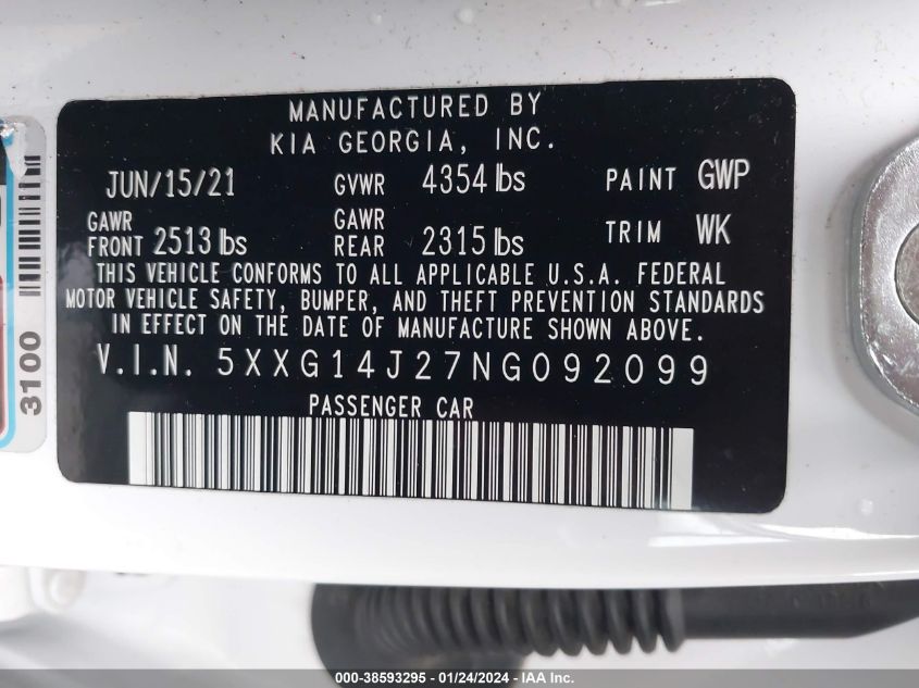 2022 KIA K5 LXS - 5XXG14J27NG092099