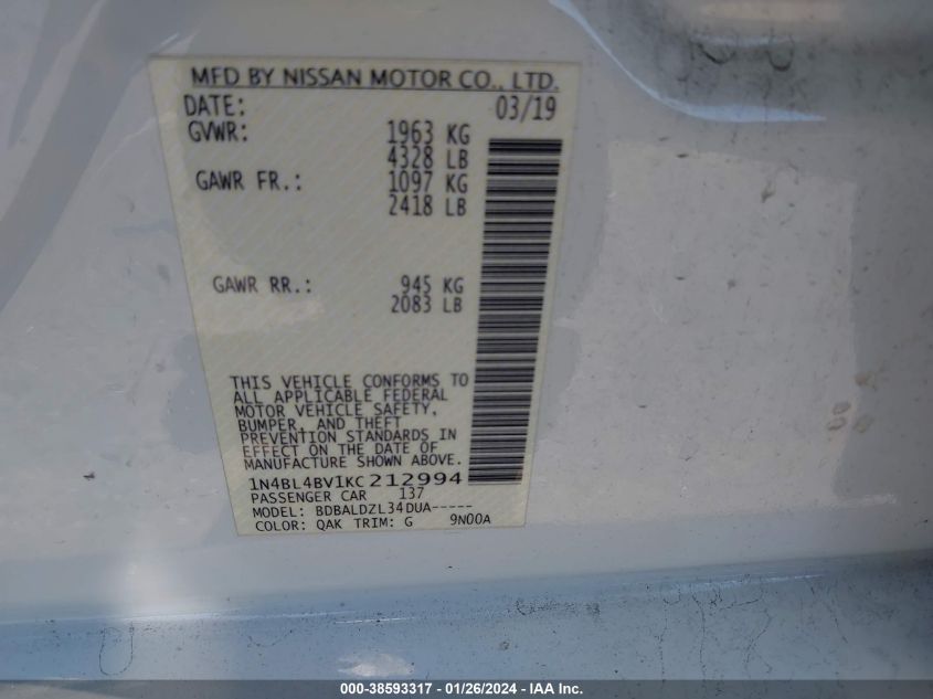 2019 NISSAN ALTIMA 2.5 S - 1N4BL4BV1KC212994