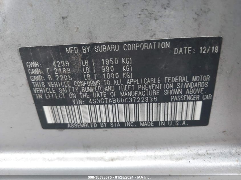2019 SUBARU IMPREZA - 4S3GTAB60K3722938