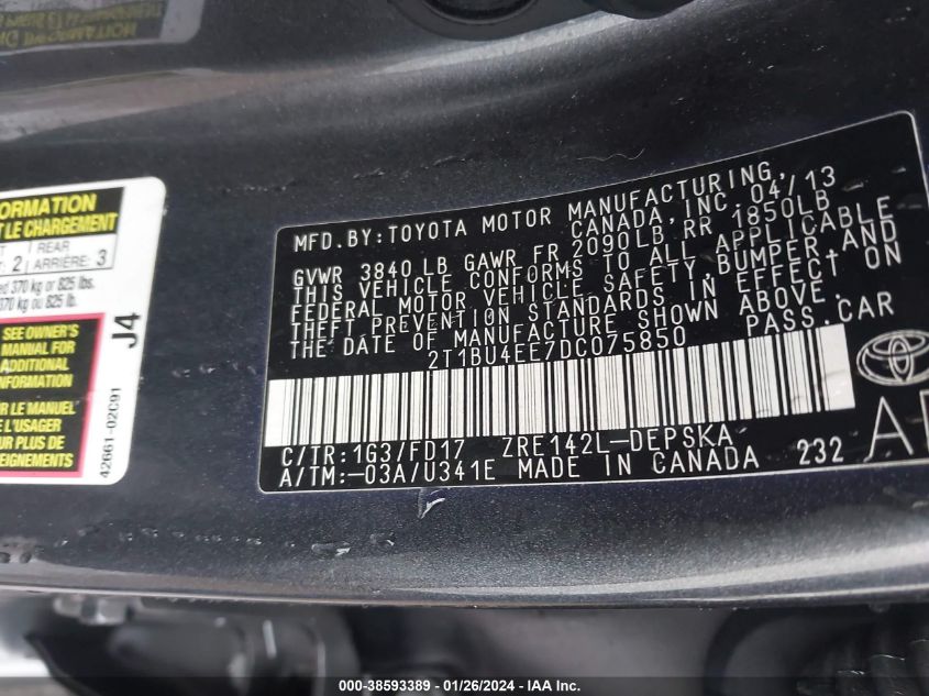 2013 TOYOTA COROLLA S - 2T1BU4EE7DC075850