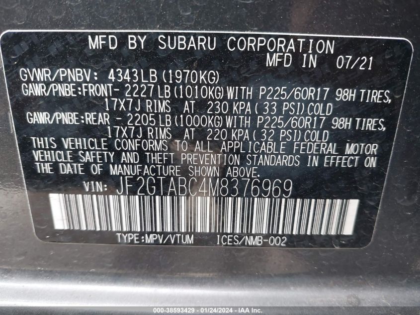 2021 SUBARU CROSSTREK - JF2GTABC4M8376969