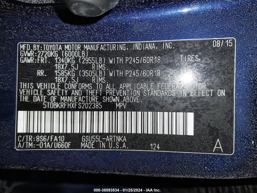 2015 TOYOTA HIGHLANDER LE PLUS V6 - 5TDBKRFHXFS202385