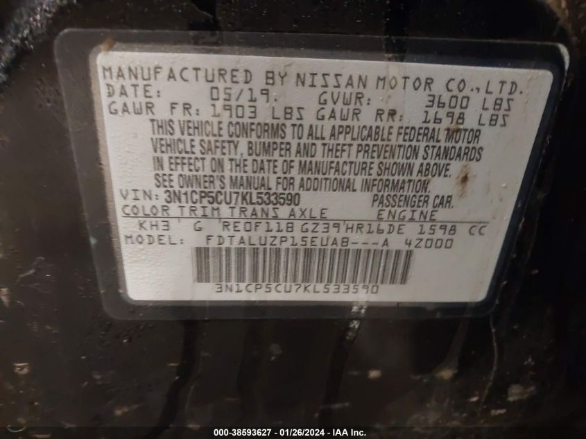 2019 NISSAN KICKS SR - 3N1CP5CU7KL533590