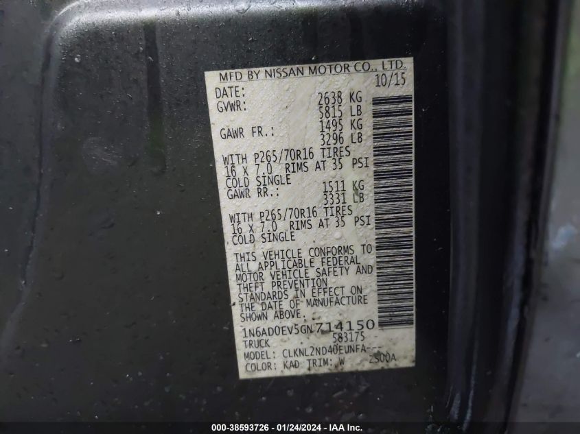 2016 NISSAN FRONTIER S/SV/SL/PRO-4X - 1N6AD0EV5GN714150