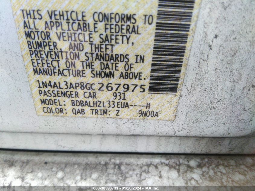 2016 NISSAN ALTIMA 2.5/S/SV/SL/SR - 1N4AL3AP8GC267975