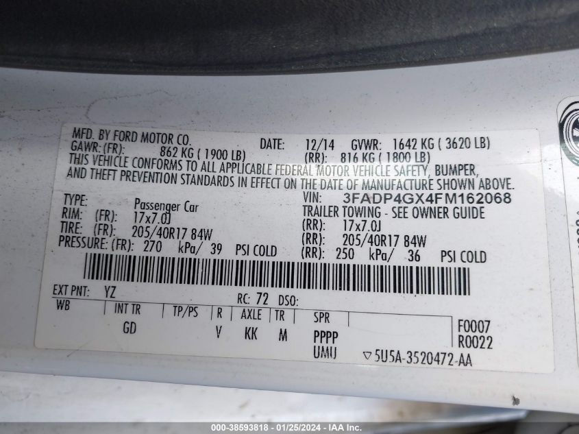 2015 FORD FIESTA ST - 3FADP4GX4FM162068