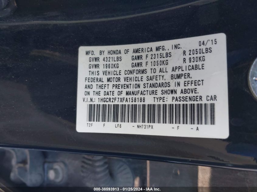 2015 HONDA ACCORD EX - 1HGCR2F7XFA158188