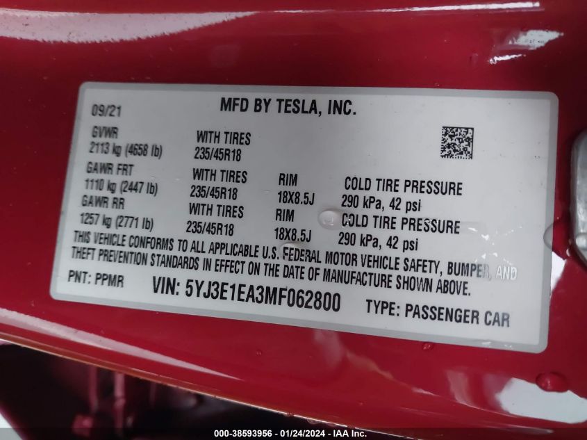 2021 TESLA MODEL 3 - 5YJ3E1EA3MF062800