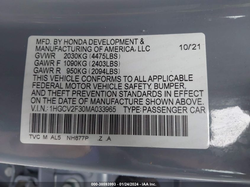 2021 HONDA ACCORD SPORT - 1HGCV2F30MA033965