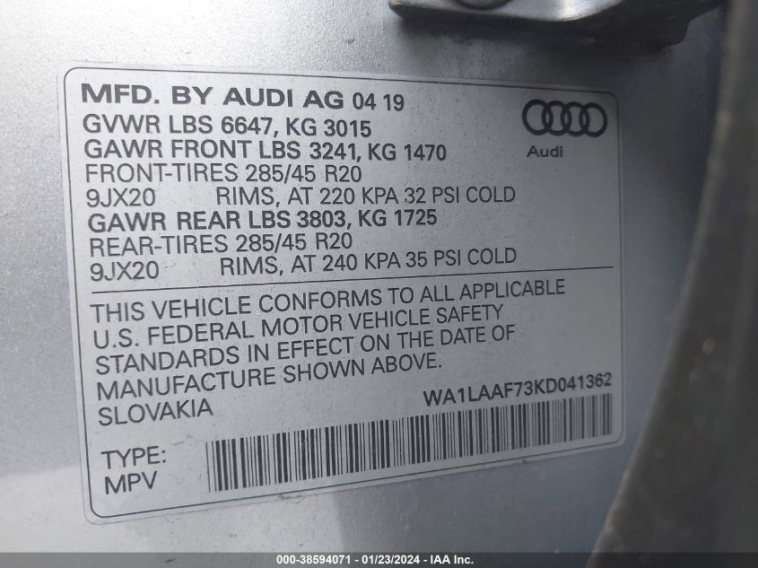 WA1LAAF73KD041362 2019 AUDI Q7, photo no. 9