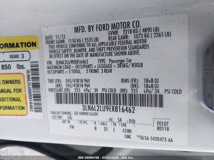 2014 LINCOLN MKZ HYBRID 3LN6L2LU9ER816462