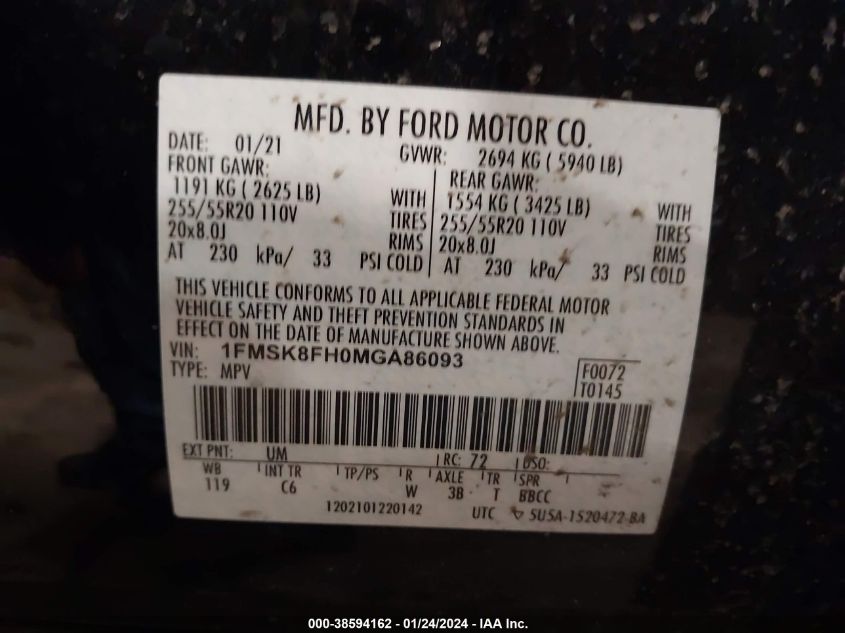 2021 FORD EXPLORER LIMITED - 1FMSK8FHOMGA86093