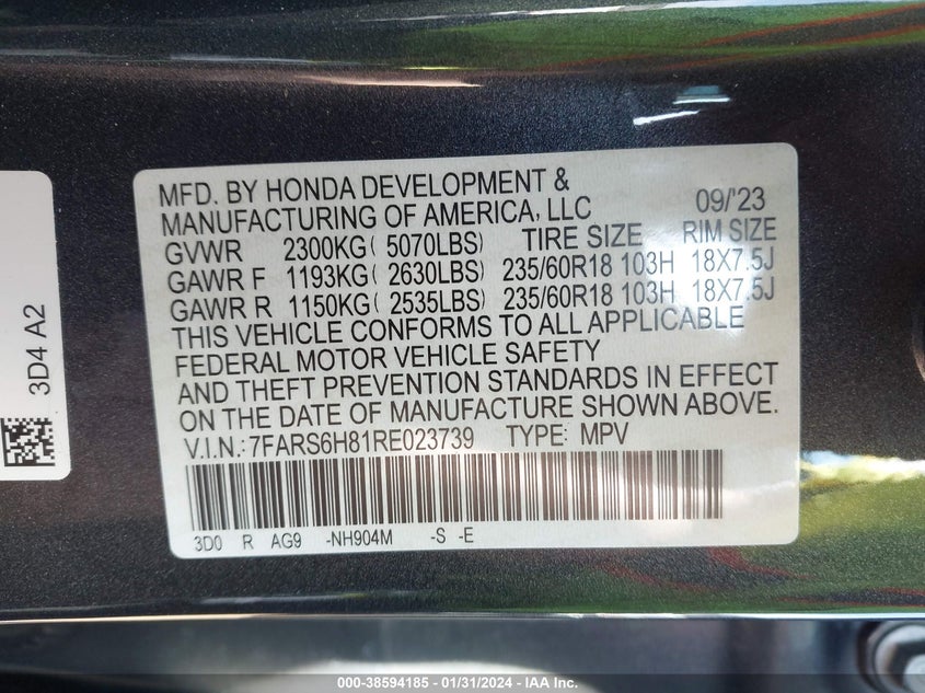 VIN 7FARS6H81RE023739 2024 HONDA CR-V HYBRID SPORT-L