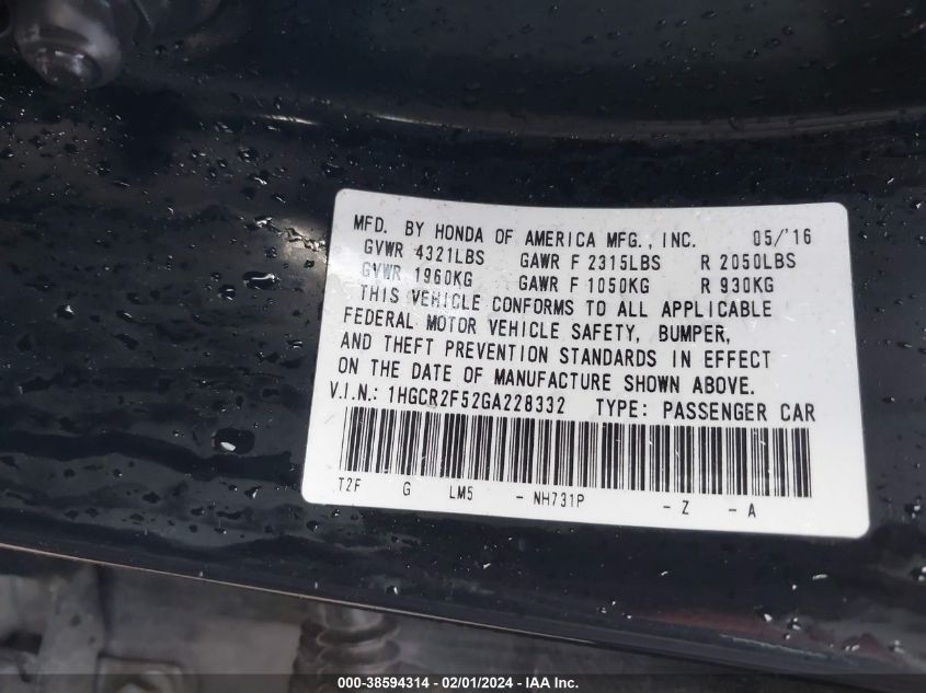 2016 HONDA ACCORD SPORT - 1HGCR2F52GA228332