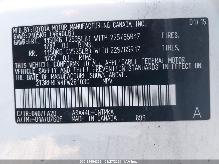 2015 TOYOTA RAV4 XLE - 2T3RFREV4FW281030
