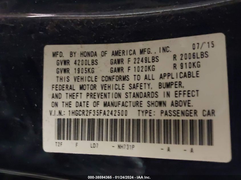 2015 HONDA ACCORD LX - 1HGCR2F35FA242500