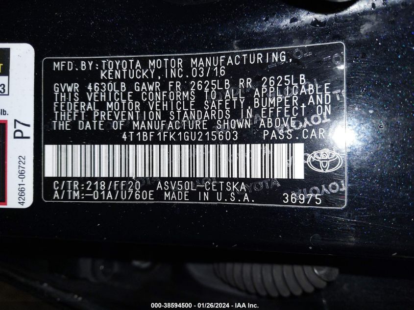 2016 TOYOTA CAMRY SE - 4T1BF1FK1GU215603