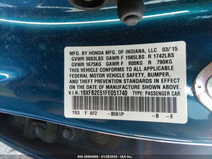 2015 HONDA CIVIC LX - 19XFB2E51FE051740