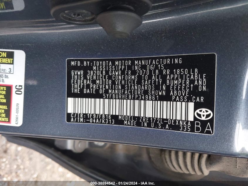 2015 TOYOTA COROLLA LE - 5YFBURHE8FP349861