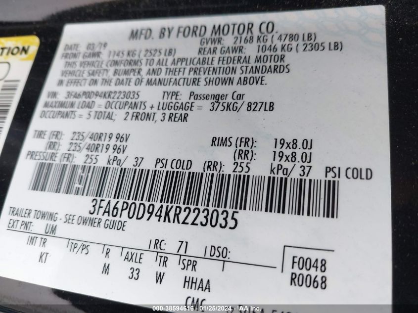 2019 FORD FUSION TITANIUM - 3FA6P0D94KR223035