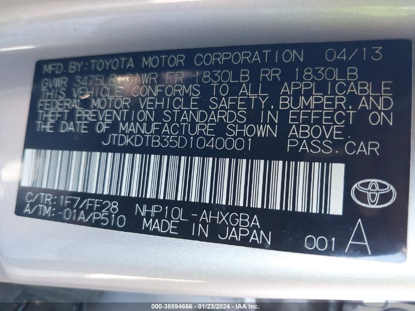 2013 TOYOTA PRIUS C THREE - JTDKDTB35D1040001